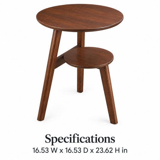 Round Two-Tier Wood Side Table with Storage Shelf, Walnut