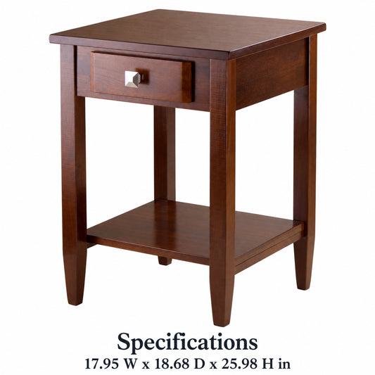 Square End Table with Drawer and Lower Shelf, Walnut