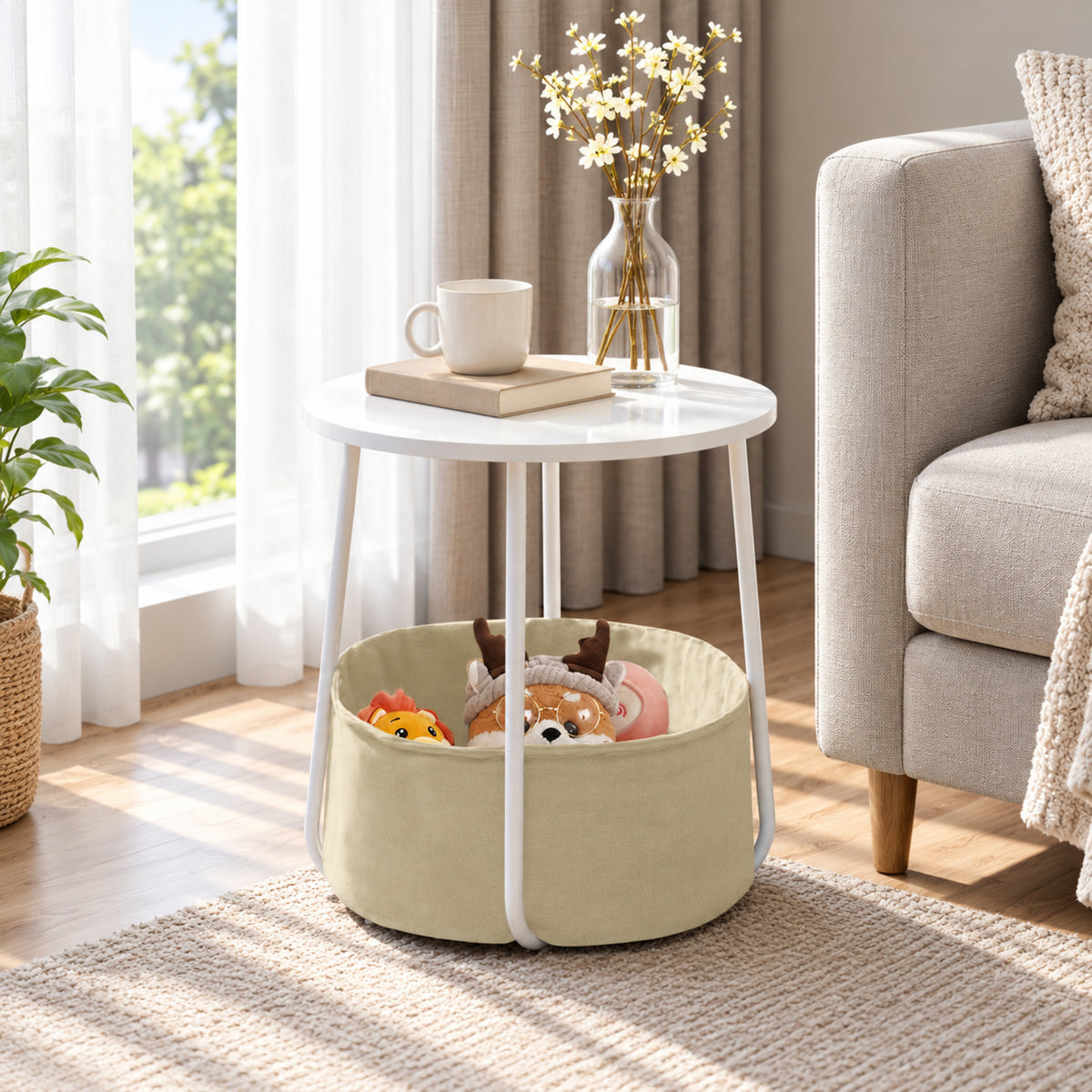 Round Side Table with Fabric Storage Basket, White and Beige
