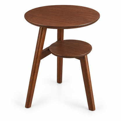 Round Two-Tier Wood Side Table with Storage Shelf, Walnut