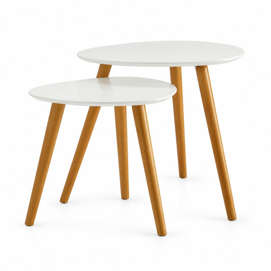 Round Nesting Side Tables with Wood Legs, White and Natural, Set of 2