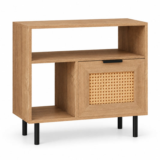 Narrow End Table with Woven Cabinet Door and Open Shelves, Natural