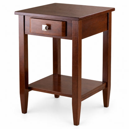 Square End Table with Drawer and Lower Shelf, Walnut