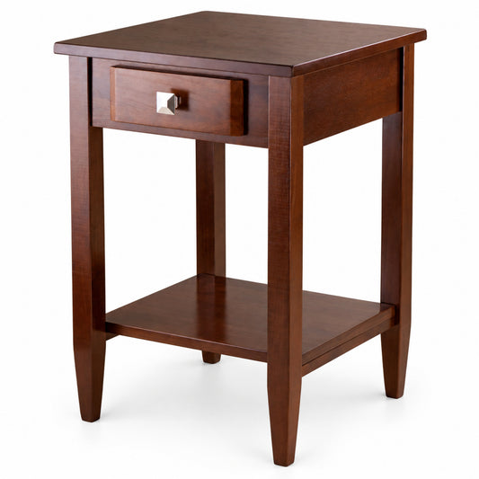 Square End Table with Drawer and Lower Shelf, Walnut
