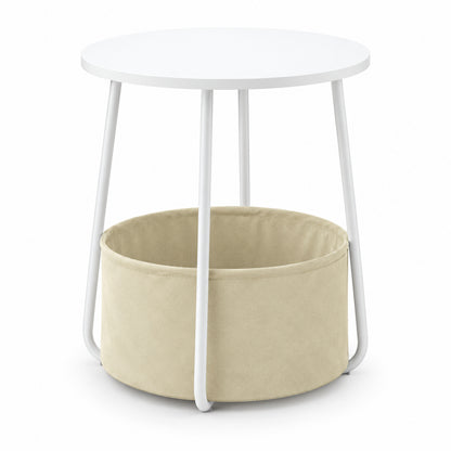 Round Side Table with Fabric Storage Basket, White and Beige