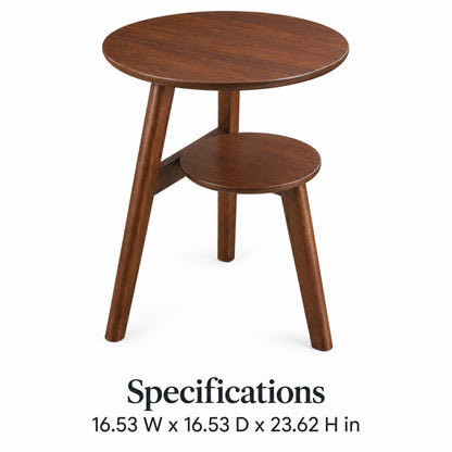 Round Two-Tier Wood Side Table with Storage Shelf, Walnut