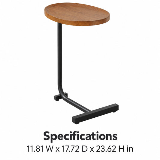 C-Shaped Sofa Side Table with Metal Frame, Brown and Black