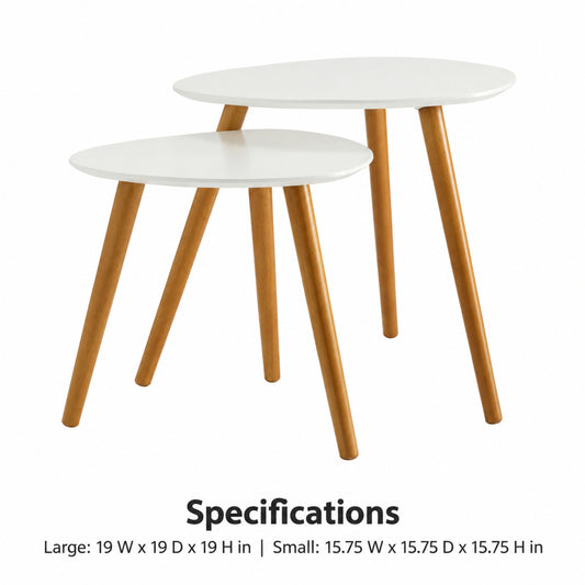 Round Nesting Side Tables with Wood Legs, White and Natural, Set of 2