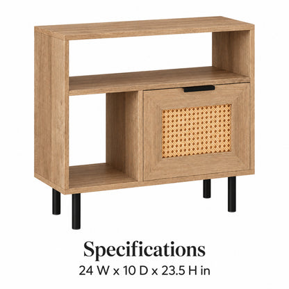 Narrow End Table with Woven Cabinet Door and Open Shelves, Natural