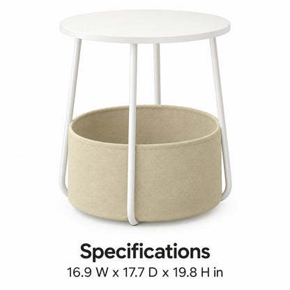 Round Side Table with Fabric Storage Basket, White and Beige