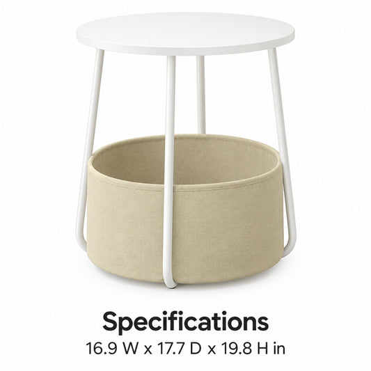 Round Side Table with Fabric Storage Basket, White and Beige