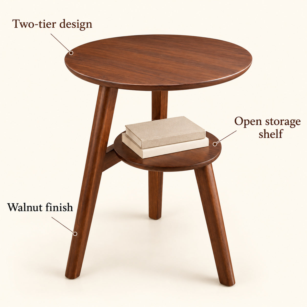 Round Two-Tier Wood Side Table with Storage Shelf, Walnut