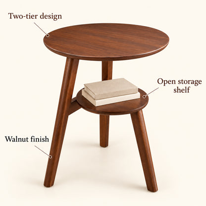 Round Two-Tier Wood Side Table with Storage Shelf, Walnut