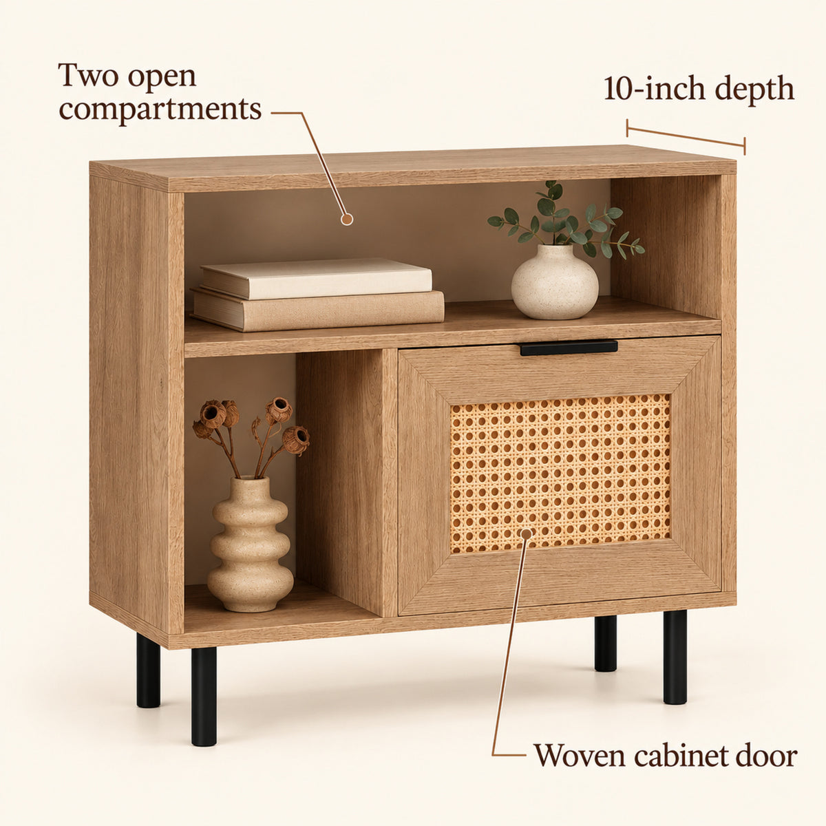 Narrow End Table with Woven Cabinet Door and Open Shelves, Natural