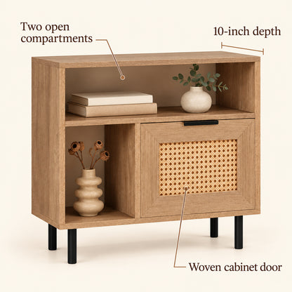 Narrow End Table with Woven Cabinet Door and Open Shelves, Natural