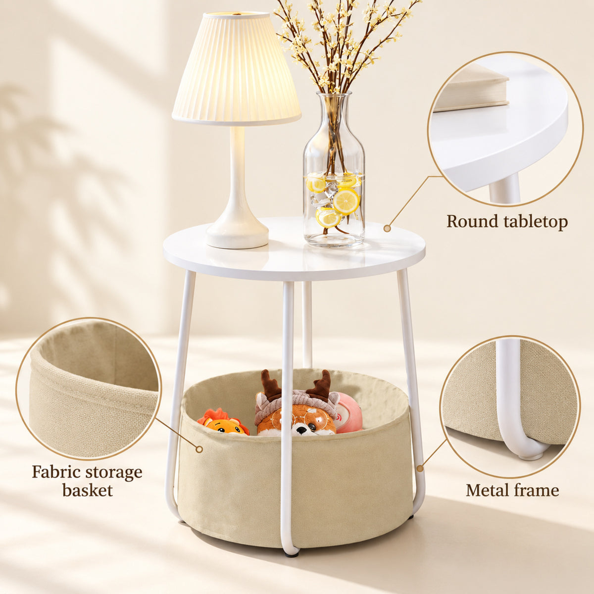 Round Side Table with Fabric Storage Basket, White and Beige