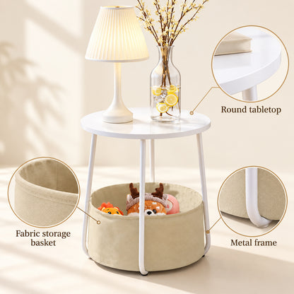 Round Side Table with Fabric Storage Basket, White and Beige
