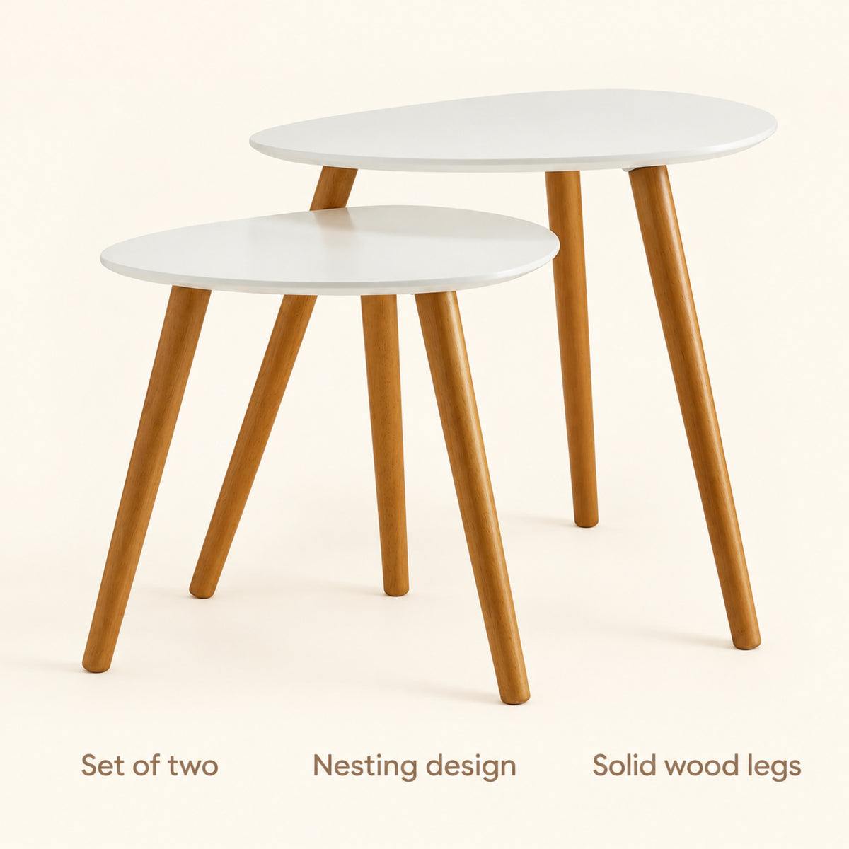 Round Nesting Side Tables with Wood Legs, White and Natural, Set of 2