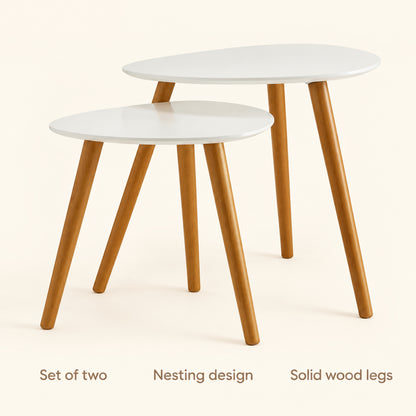 Round Nesting Side Tables with Wood Legs, White and Natural, Set of 2