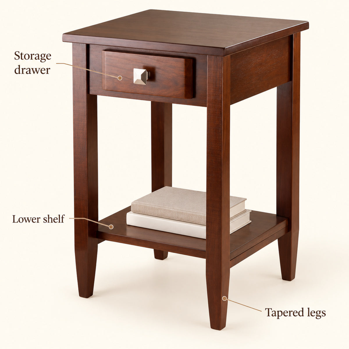 Square End Table with Drawer and Lower Shelf, Walnut