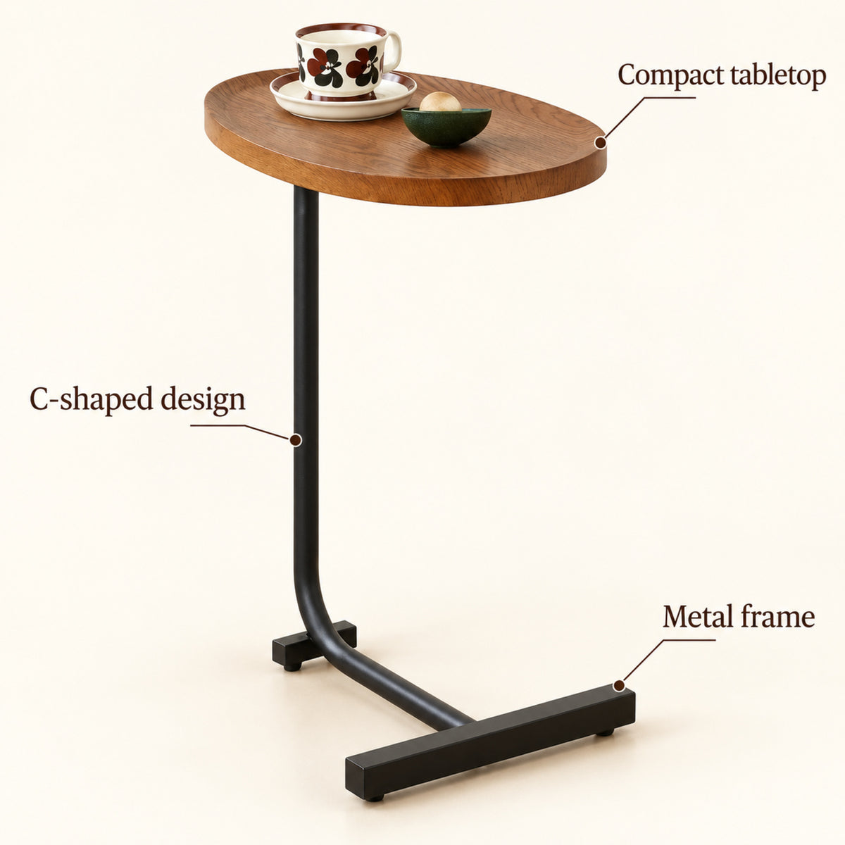 C-Shaped Sofa Side Table with Metal Frame, Brown and Black