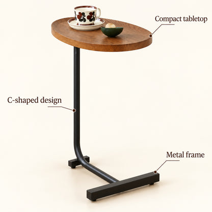 C-Shaped Sofa Side Table with Metal Frame, Brown and Black