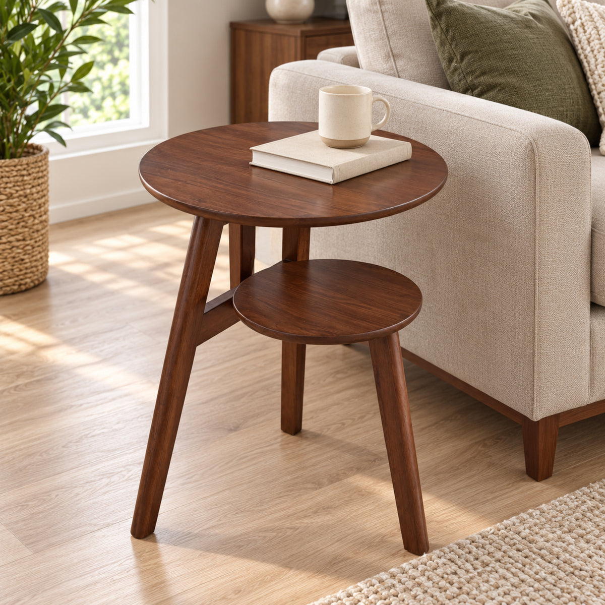 Round Two-Tier Wood Side Table with Storage Shelf, Walnut
