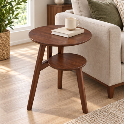 Round Two-Tier Wood Side Table with Storage Shelf, Walnut