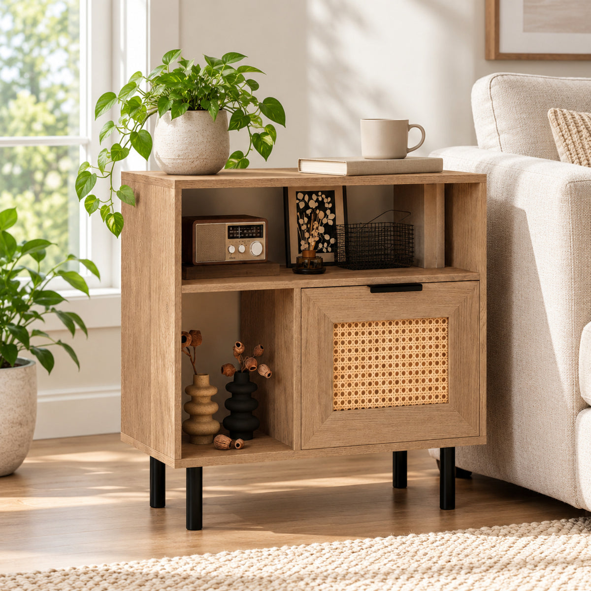 Narrow End Table with Woven Cabinet Door and Open Shelves, Natural
