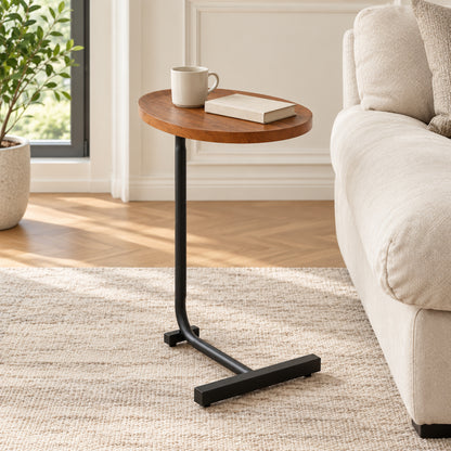 C-Shaped Sofa Side Table with Metal Frame, Brown and Black