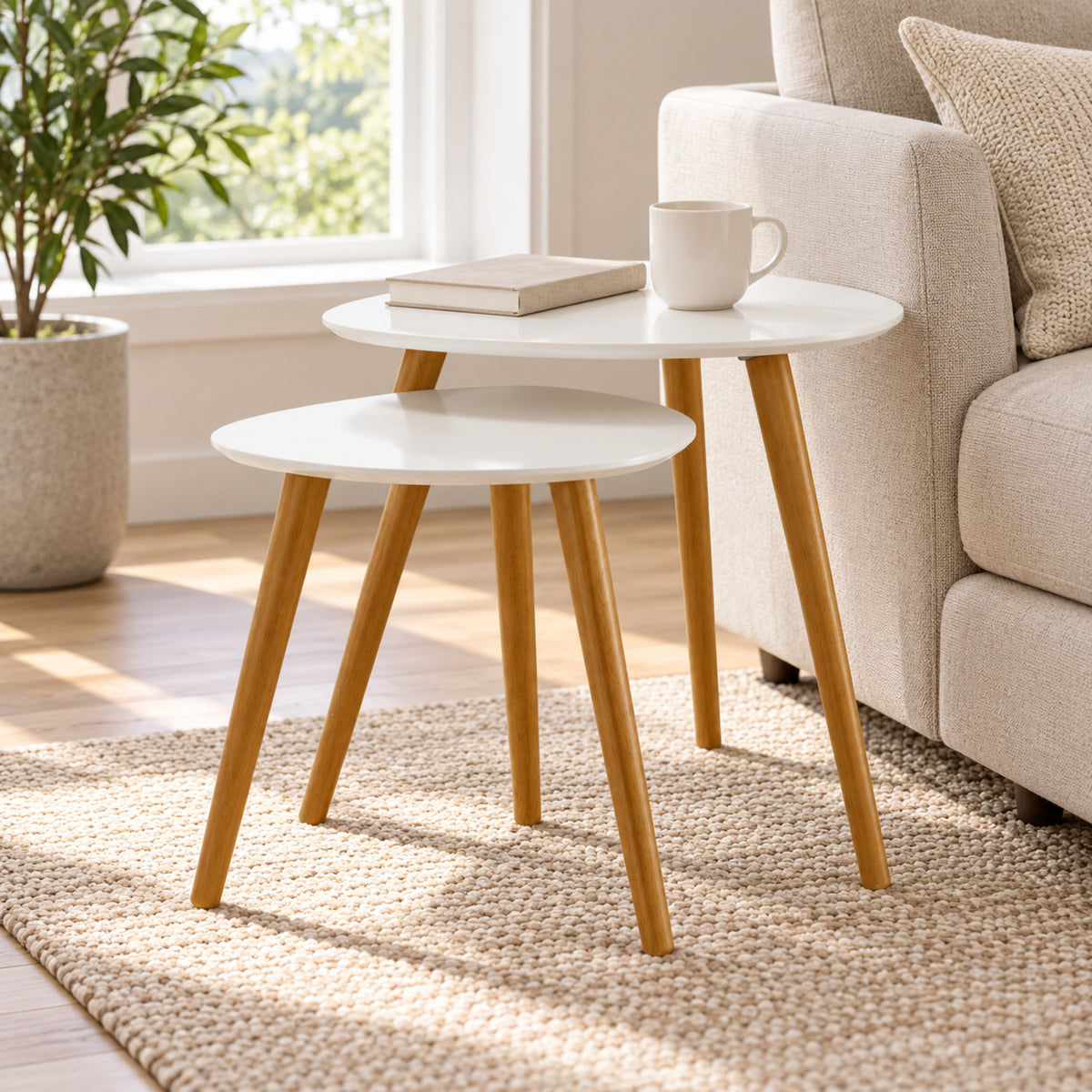 Round Nesting Side Tables with Wood Legs, White and Natural, Set of 2