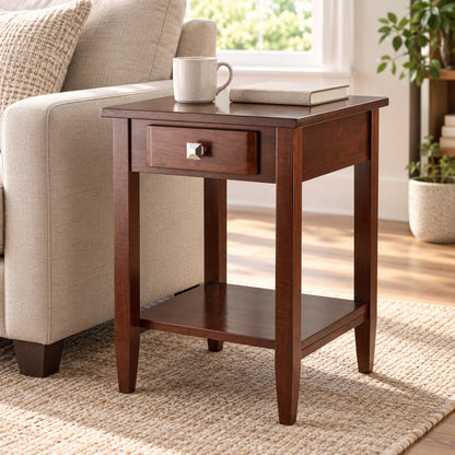 Square End Table with Drawer and Lower Shelf, Walnut